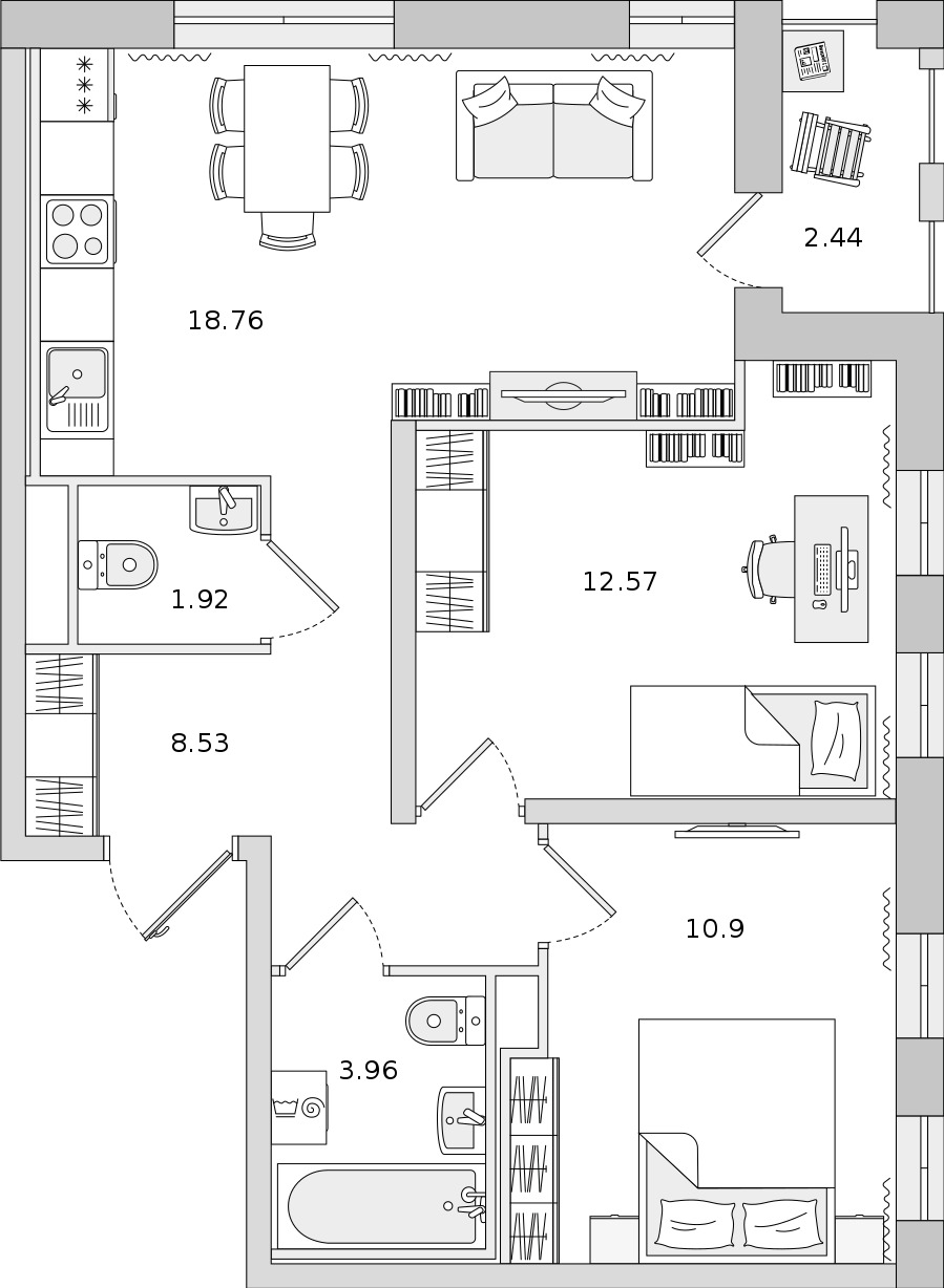 2-комнатная квартира 56.64 м², 12/15 эт., ЖК «Мурино Space»